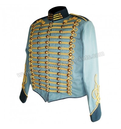 Blue steampunk military jacket with gold braiding