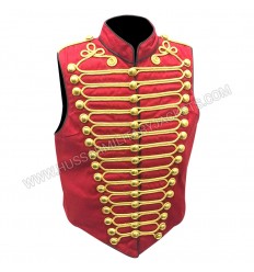 Military Army Black Red with Gold Braiding Hussar Waistcoat with Brass Buttons