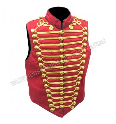 Military Army Black Red with Gold Braiding Hussar Waistcoat with Brass Buttons