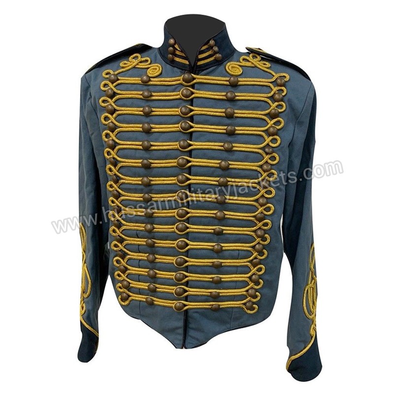 Men Steampunk Military Jacket Gothic Marching Band Hussar Coat High Neck  Outwear