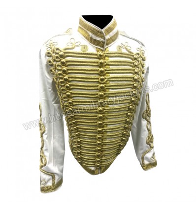 Mens military style Hussar white Jacket with gold ribbon