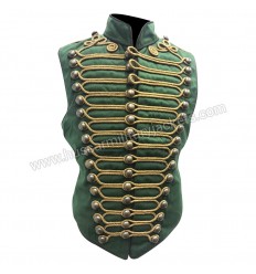 Men Steampunk Military Army in Dull Green with Antique Gold Braiding Hussar Waistcoat