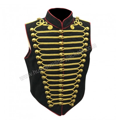 Men Steampunk Military Army Black Red with Gold Braiding Hussar Waistcoat with Brass Buttons
