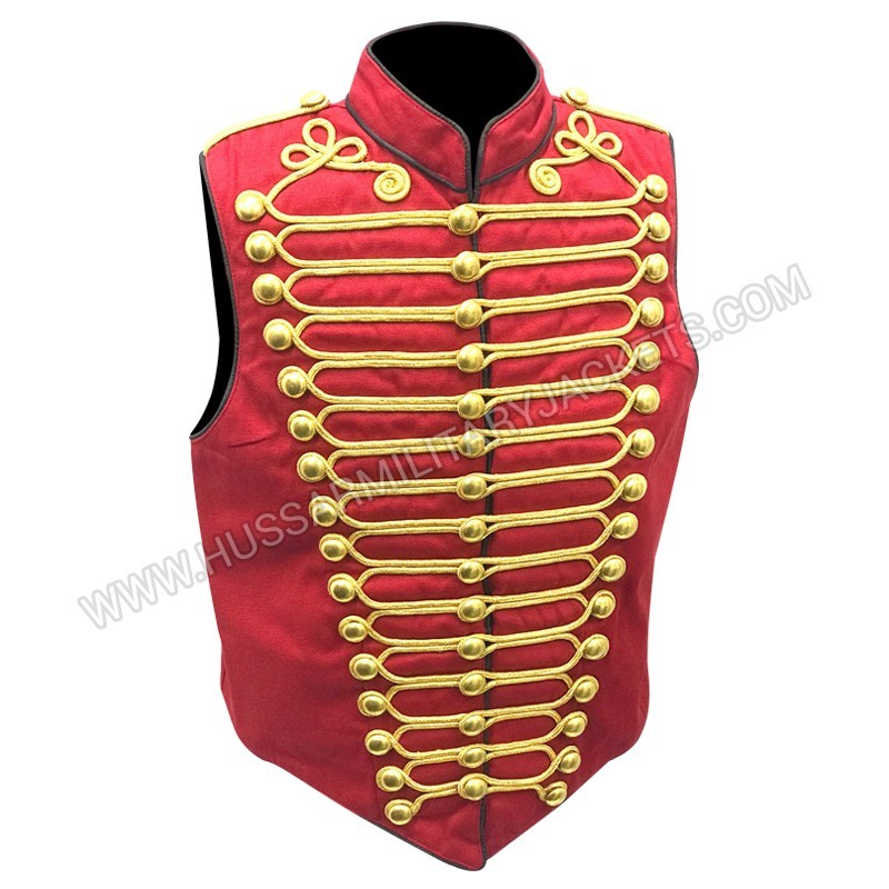 Military Army Black Red with Gold Braiding Hussar Waistcoat with Brass